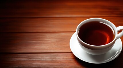 Obraz premium White teacup of dark tea on wooden table