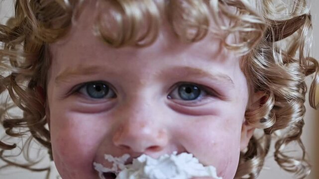 Extreme close up toddler face curly hair bright blue eyes smeared white cream frosting around mouth innocent curious expression represents childhood sweetness messy eating sensory exploration
