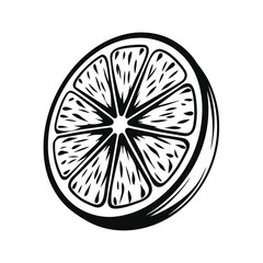 Monochrome Citrus Stylized Slice of Orange or Lemon Fruit in Black and White Outline