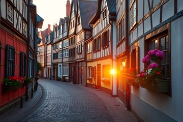 Obraz premium Charming Cobblestone Street in Old Town at Sunset