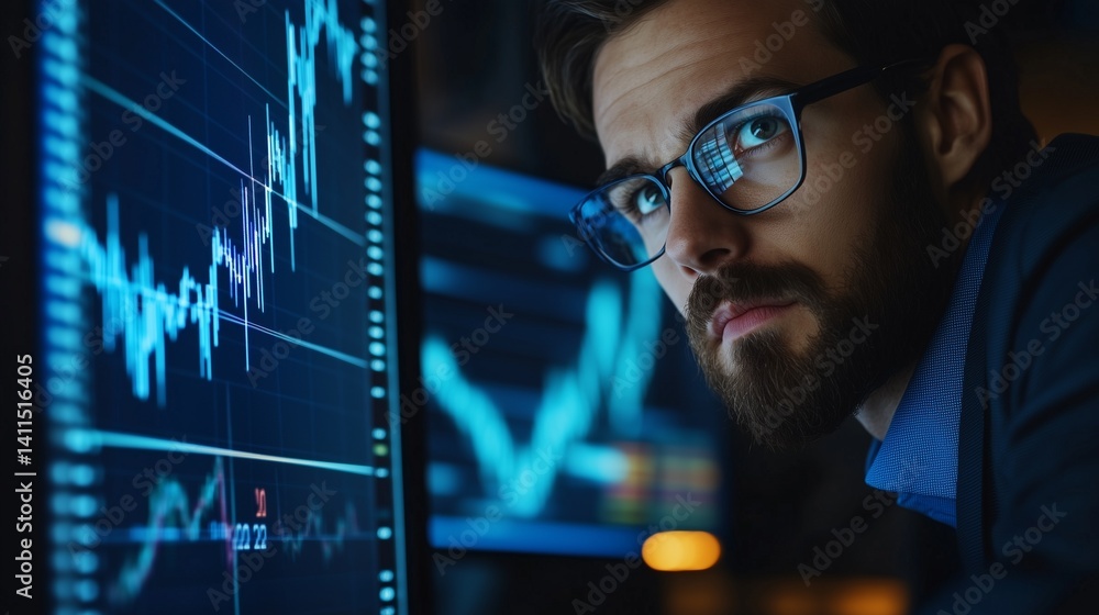 Poster man looking at chart on a computer screen. business analyst analyzing financial data. graphs showing