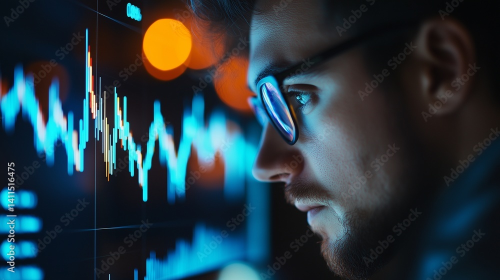 Poster man looking at chart on a computer screen. business analyst analyzing financial data. graphs showing