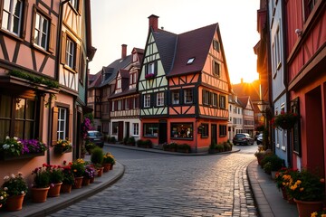 Colorful Old Town Street Scene at Sunset