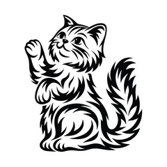 Stylized Black and White Cat Silhouette with Paw Raised on a White Background
