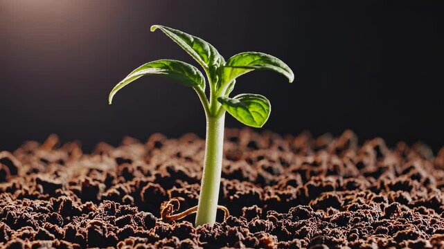 Macro close up delicate green seedling pushes through dark fertile soil represents new beginnings growth potential agriculture environment startup business development spring nature success
