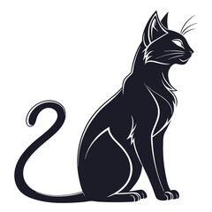 Elegant Silhouette of a Black Cat Sitting with a Curved Tail and White Outlines