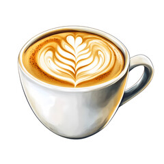 A beautifully crafted latte art in a white cup showcasing intricate designs on top