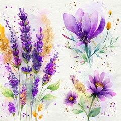 Watercolor illustration of vibrant purple flowers and foliage.