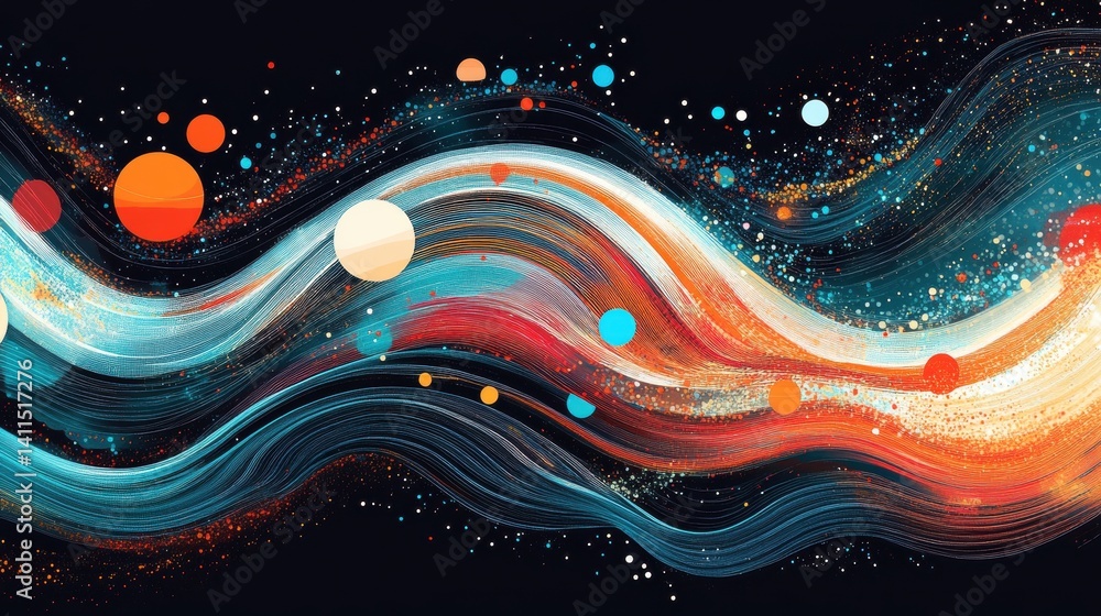 Poster colorful waves on dark background with abstract dots and circles art. use it as futuristic backgroun