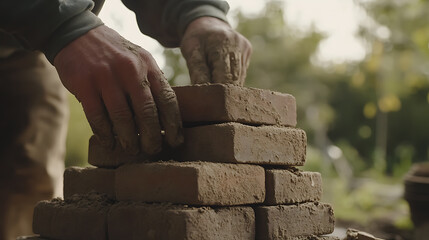 Mason stacking bricks for a garden wall. Featuring masonry work and garden construction