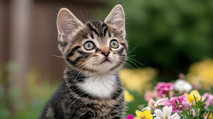 Obraz premium Curious kitten in garden, looking up at flowers. Possible use pet adoption, animal welfare