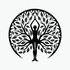 Black Silhouette Person in Tree Circle with Raised Arms, Leafy Branches Design