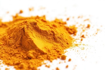 Scattering turmeric powder creating a vibrant orange cloud on a pristine white background, ideal for culinary delights, wellness blogs, health articles, and spice-related themes
