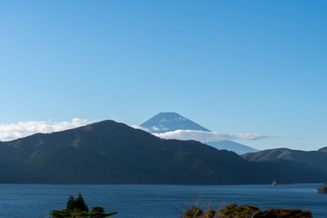 View of Mount Fuji and Lake Ashi  from Onshi Hakone Park in Hakone, Japan