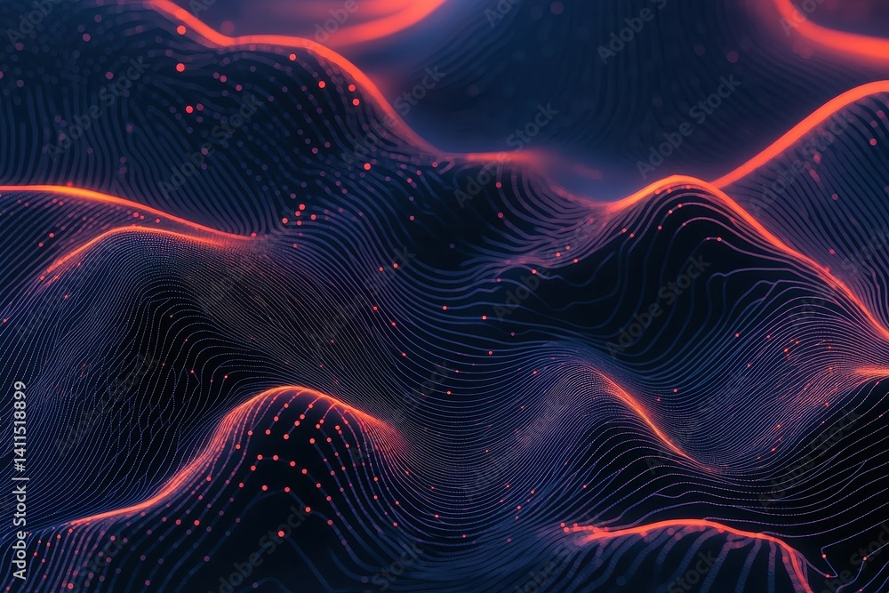 Poster abstract blue surface with red glowing lines and dots, futuristic terrain. use it for technology, sc