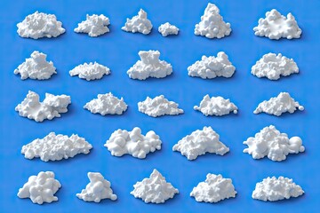 Twenty-five unique white cloud shapes on blue
