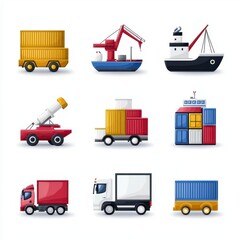 Colorful Icons of Various Cargo Transportation Methods and Vehicles
