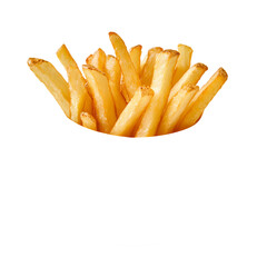 A close-up of crispy golden French fries in a black container against a plain background