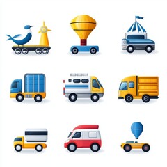 Colorful Illustrations of Vehicles and Objects in Flat Design Style