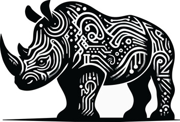 Black and white illustration, rhinoceros silhouette, intricate tribal patterns, swirling lines, organic shapes, zentangle style, detailed artwork, symmetrical design, contrast, wildlife art, African i