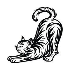 Black and White Style of a Stretching Cat with Arched Back Isolated