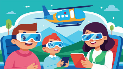 The parents in the air taxi use their AR glasses to entertain their young child with a virtual storybook keeping them engaged and happy throughout the trip.. Vector illustration