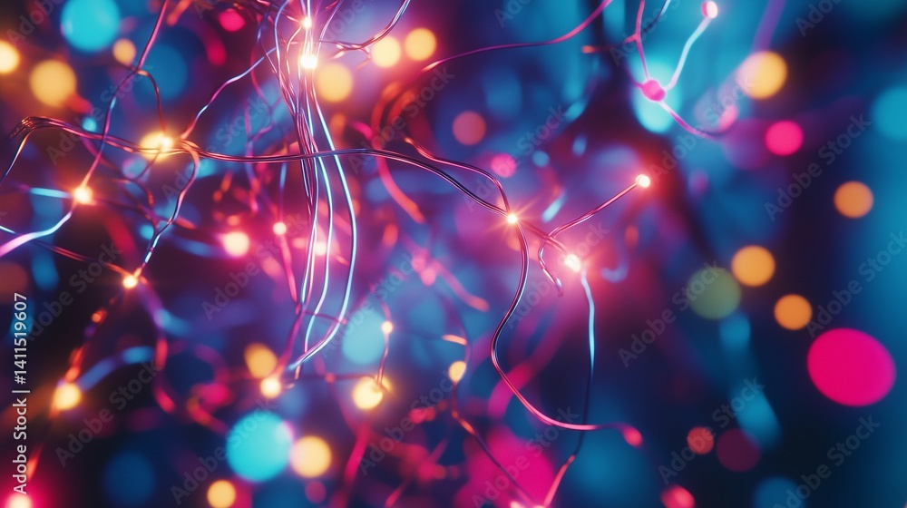 Leinwandbilder blurry image of string of lights. colored led optical cables with colored fibers. a business uses te