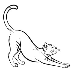 Minimalist Line Art Stretched Cat Silhouette with Curved Tail on White Background