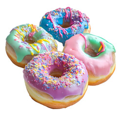 A colorful assortment of four frosted donuts with sprinkles on a bright background