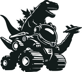 Stylized cartoon monster, black and white silhouette, dinosaur-like creature, driving monster truck, spiky back, sharp teeth, oversized wheels, airplane in hand, retro comic book style, high contrast,