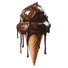 A delicious chocolate ice cream cone melting with rich chocolate sauce dripping down