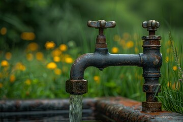Weathered metal outdoor faucet for lawn irrigation surrounded by lush greenery and foliage