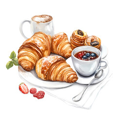 A delicious breakfast spread featuring croissants, pastries, and fruit compote on a table