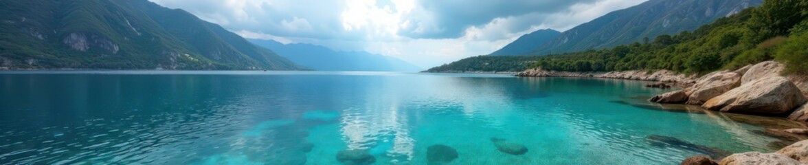 Crystal clear lake, rugged coastline, brooding sky , clouds, blue, picturesque