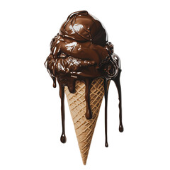 A delicious chocolate ice cream cone with melting chocolate drips, set against a clean background