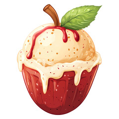 A delicious ice cream sundae served in a vibrant red apple cup, topped with cherry syrup and mint