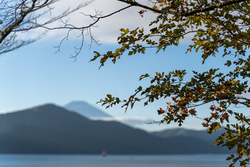 View of Mount Fuji and Lake Ashi  from Onshi Hakone Park in Hakone, Japan
