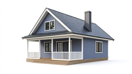 charming blue house with porch and chimney on white background