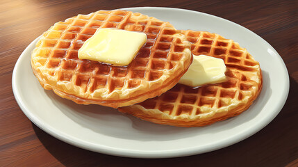 Golden Brown Toasted Waffles with Butter on a White Plate for Breakfast or Dessert in a Cozy Setting