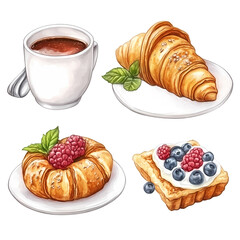 A delightful breakfast scene featuring coffee, croissants, and pastries with berries