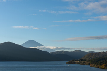 View of Mount Fuji and Lake Ashi  from Onshi Hakone Park in Hakone, Japan