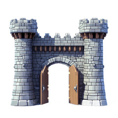 A detailed 3D rendering of a medieval castle gate with stone towers and wooden doors