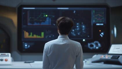 Business insights a man and woman analyzing data on a digital screen in a technological environment