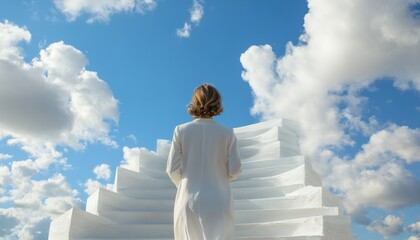 Inspiring businesswoman ascends hype stairs open sky metaphorical imagery empowering environment motivational viewpoint