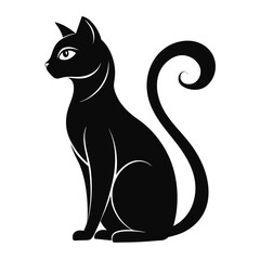 Black Cat Silhouette, Sitting Profile, Curled Tail, Elegant Feline, Isolated on White