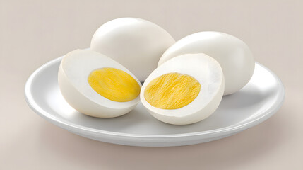 Photorealistic Image of Three Peeled Hard Boiled Eggs on a White Plate with Smooth Background