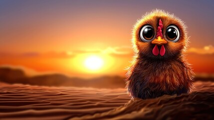 Fototapeta premium Cute cartoon rooster at desert sunrise