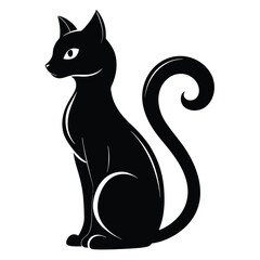 Silhouette of a Black Cat Sitting Isolated on White, Tail Curled, Feline Elegance