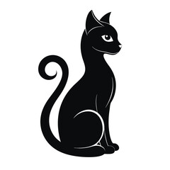 Black Cat Silhouette Sitting with Elegant Tail Curl Isolated on White Background