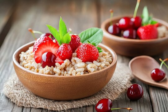 Bowls of brown rice with strawberries and cherries on a wooden background, close-up. A fresh, healthy breakfast or lunch food concept. yogurt with strawberries